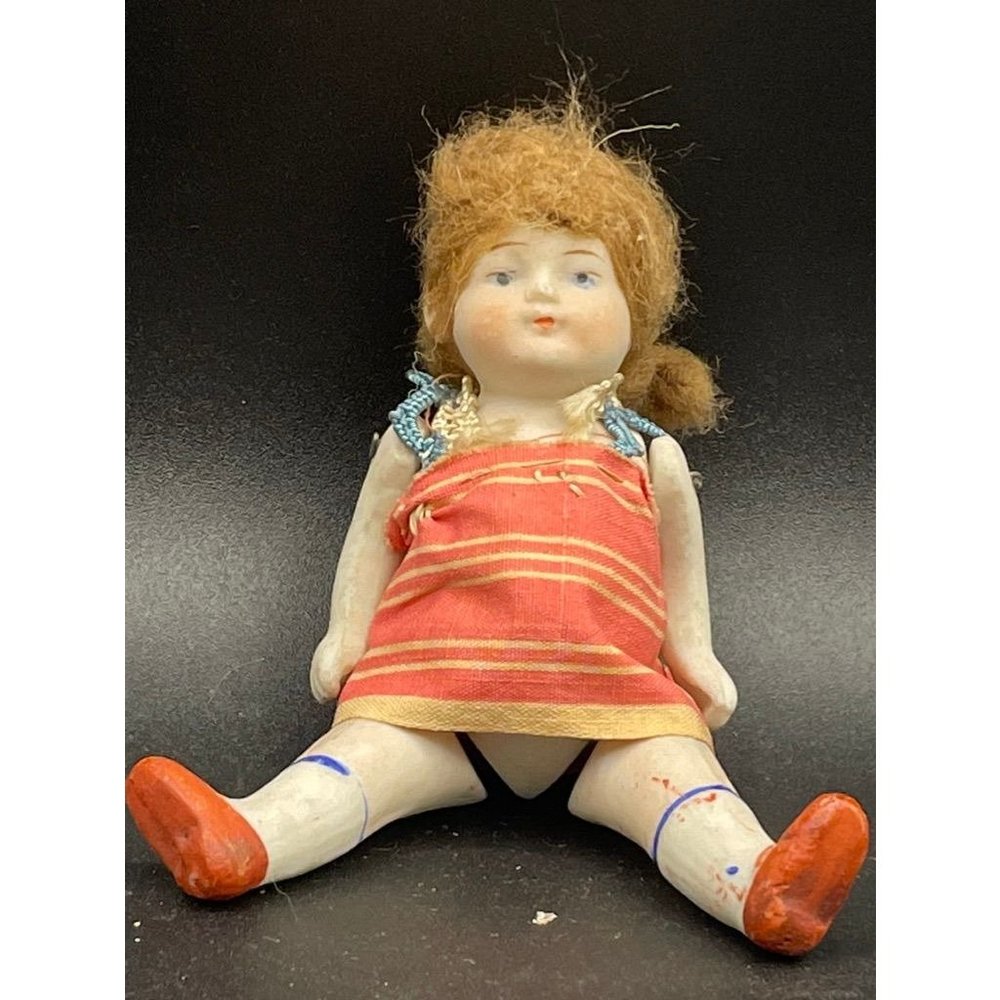 1920's Nippon Dolls Bisque Wire-Jointed w/Hair Tiny Doll Length 4.75 Inches